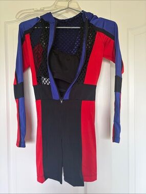 Colorblock Mesh Zip Front Romper Dance Costume hip hop jazz - Red, Black & Blue